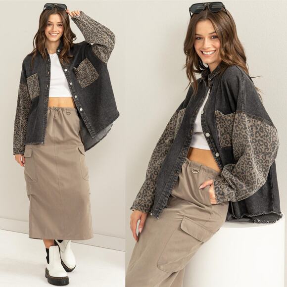 ENTRO • Boutique Black + Leopard Animal Print Denim Jean Jacket - Picture 1 of 7